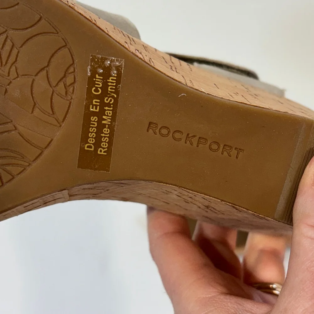 Rockport Cork Wedge Sandals Women’s Size 8 Crisscross Strappy Taupe Brown Gray